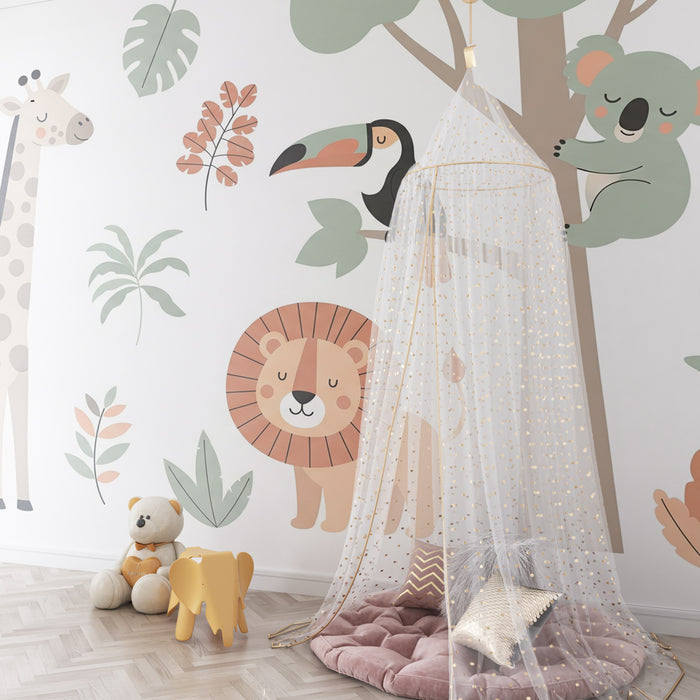 Kinderzimmer Tapete | Dschungeltiere in sanften Farben