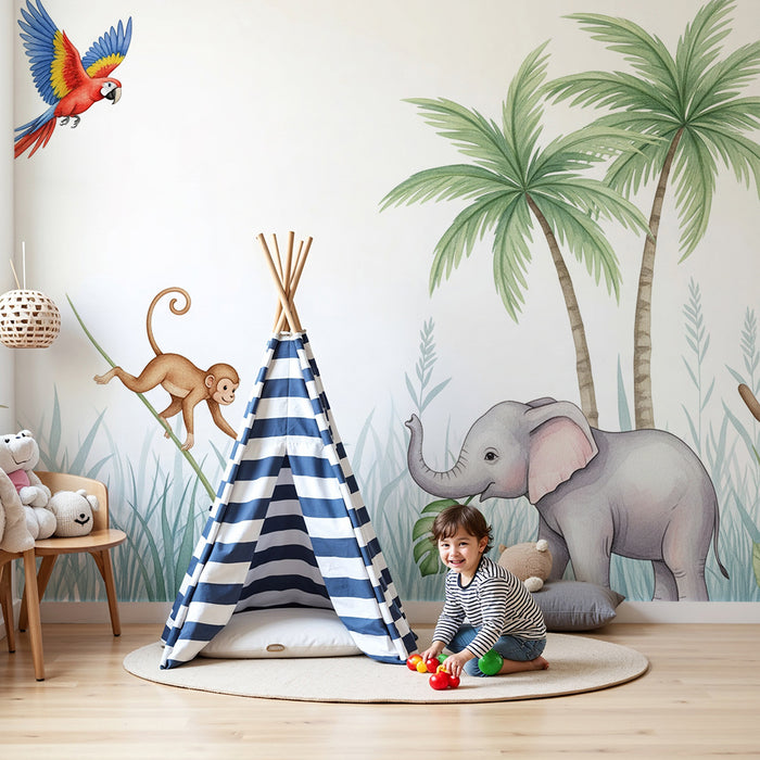 Gyerekszoba tapéta | Dzsungel állatok elefánttal és majommal
