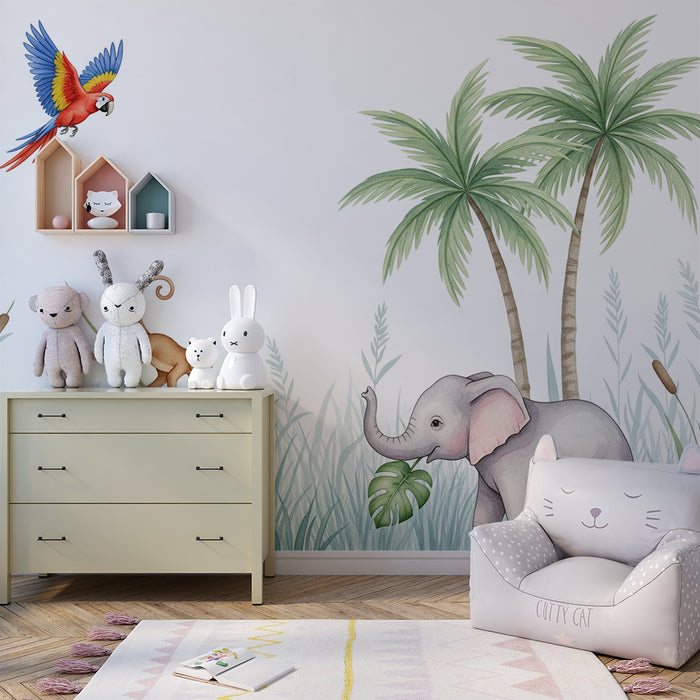Gyerekszoba tapéta | Dzsungel állatok elefánttal és majommal