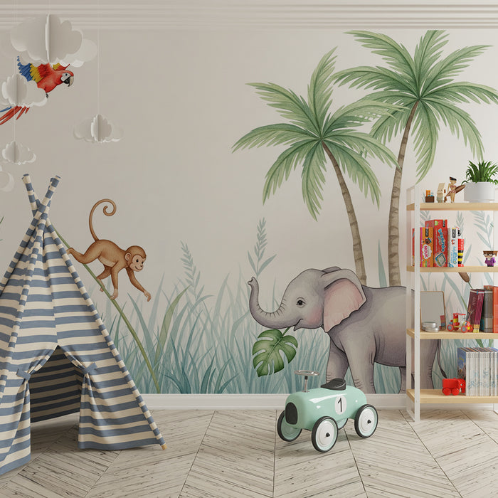 Gyerekszoba tapéta | Dzsungel állatok elefánttal és majommal