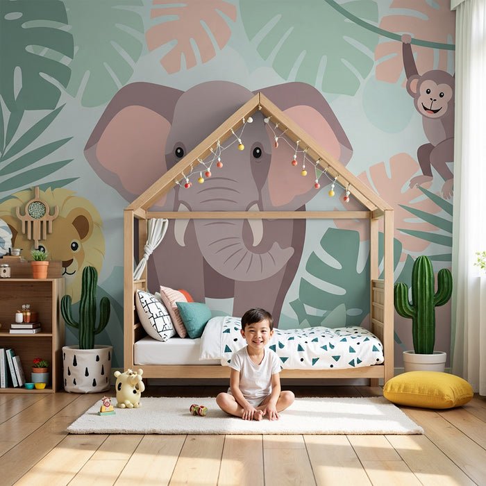 Papel de parede criança | Animais da selva com elefante, leão e macaco