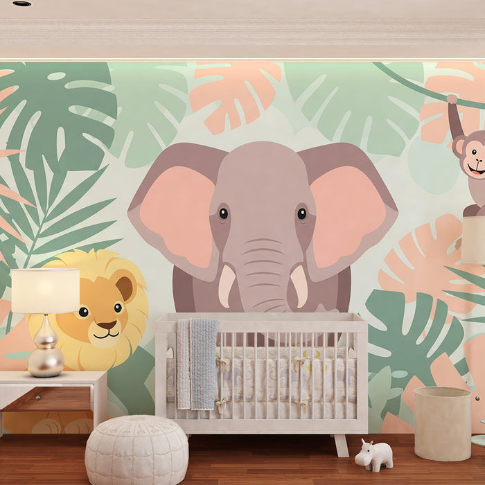 Papel de parede criança | Animais da selva com elefante, leão e macaco