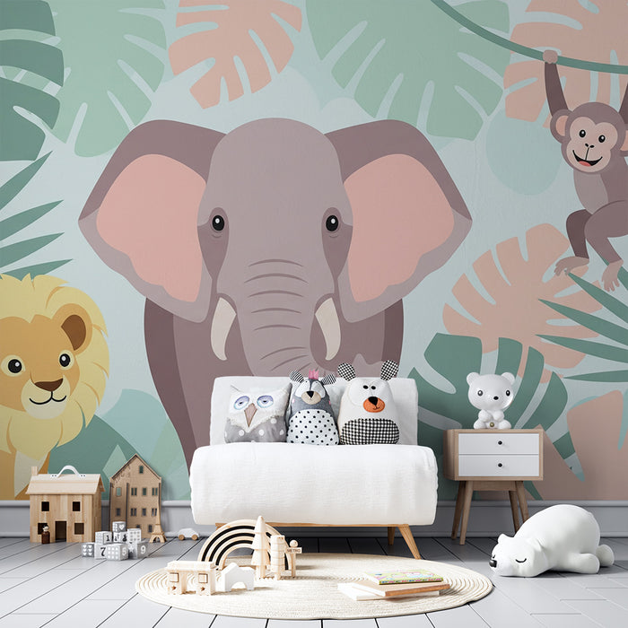 Papel de parede criança | Animais da selva com elefante, leão e macaco