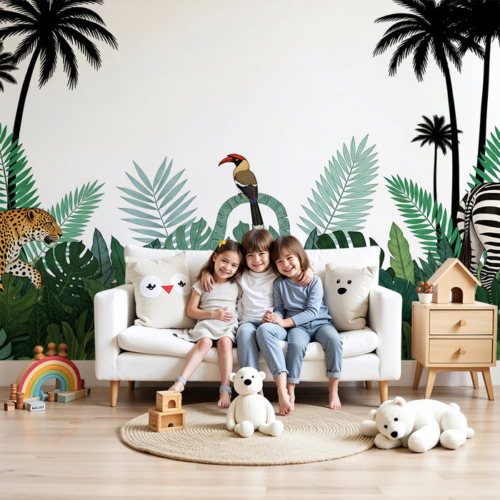 Kids room wallpaper | Jungle animals with lush foliage