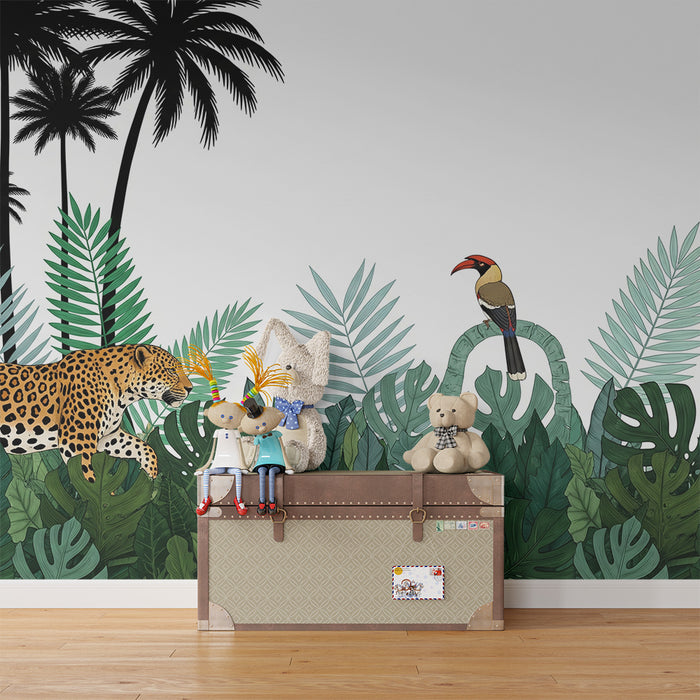 Kids room wallpaper | Jungle animals with lush foliage