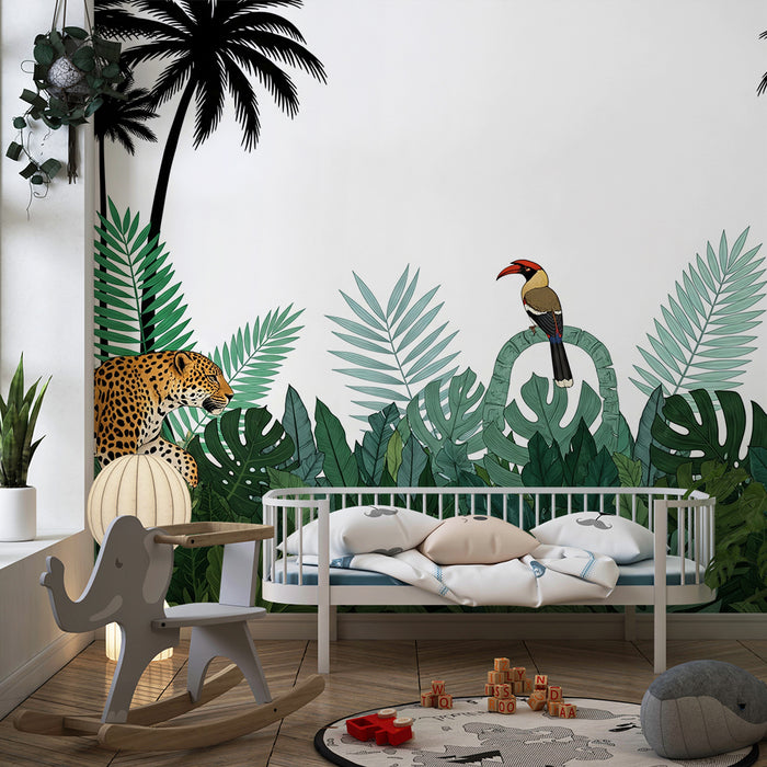Kids room wallpaper | Jungle animals with lush foliage