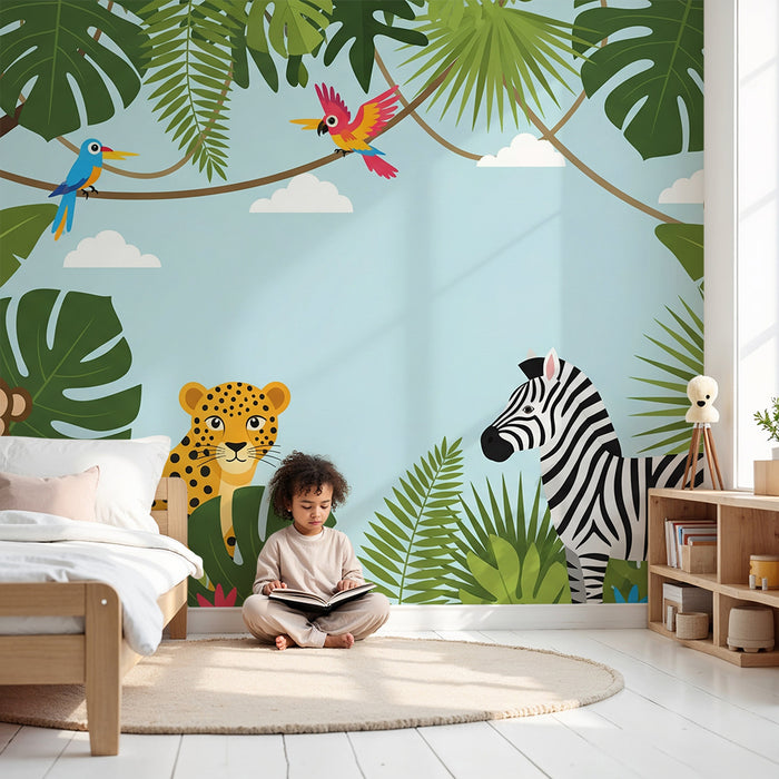 Papier peint chambre enfant | Animaux de la jungle avec feuillage tropical coloré
