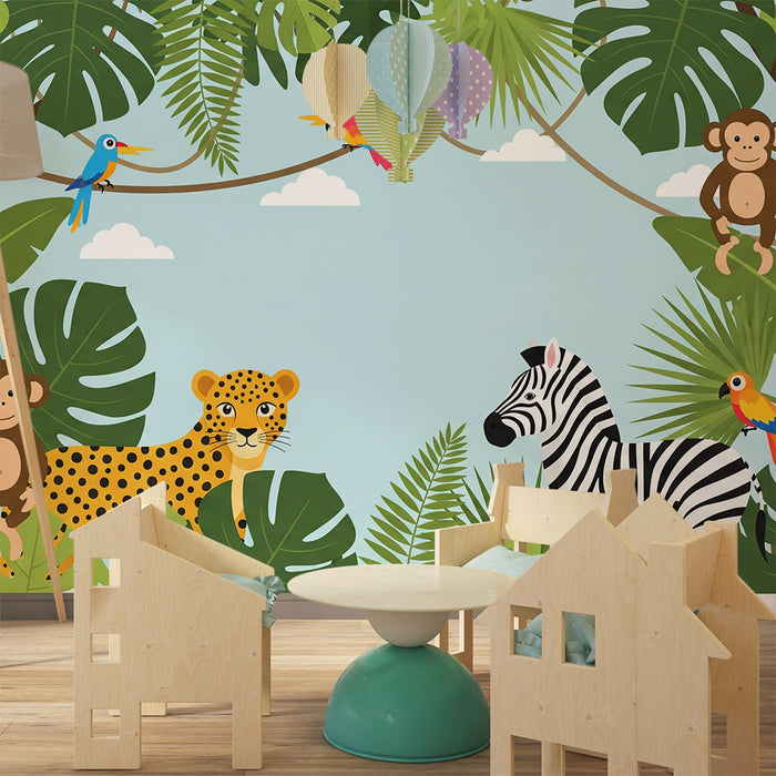 Papier peint chambre enfant | Animaux de la jungle avec feuillage tropical coloré