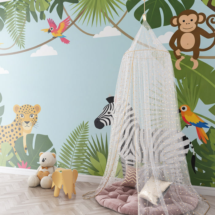 Papier peint chambre enfant | Animaux de la jungle avec feuillage tropical coloré
