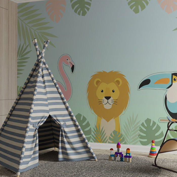 Kinderkamer behang | Jungle dieren met flamingo, leeuw en toekan