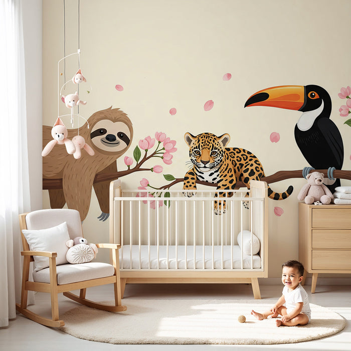 Kinderzimmer Tapete | Dschungeltiere mit Kirschblüten