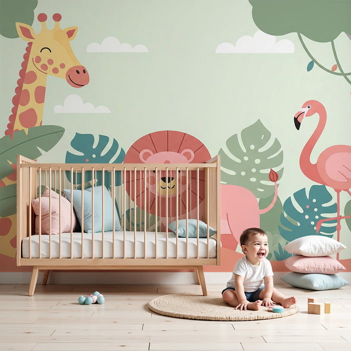 Papel de parede criança | Animais da selva com girafa, leão e flamingo