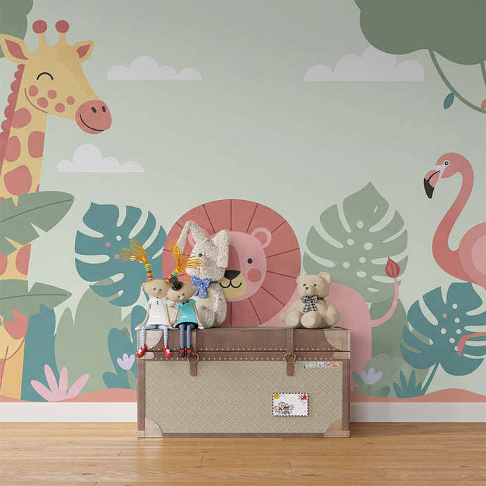 Papel de parede criança | Animais da selva com girafa, leão e flamingo