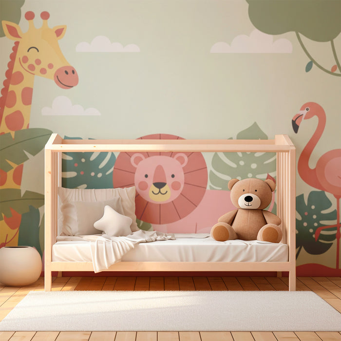 Papel de parede criança | Animais da selva com girafa, leão e flamingo