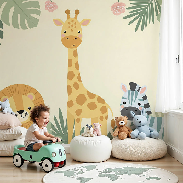 Papel de parede criança | Selva com girafa, leão e zebra