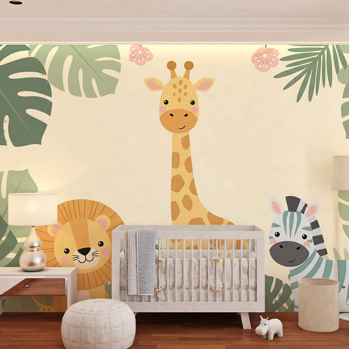 Papel de parede criança | Selva com girafa, leão e zebra