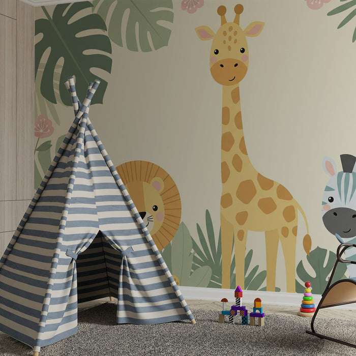 Papel de parede criança | Selva com girafa, leão e zebra