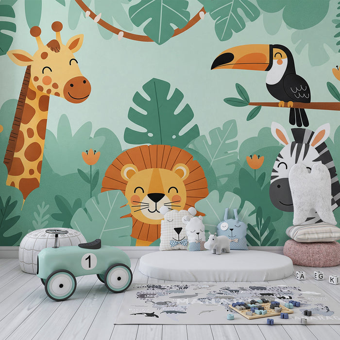Børneværelse tapet | Jungle dyr med giraf, løve, tukan og zebra