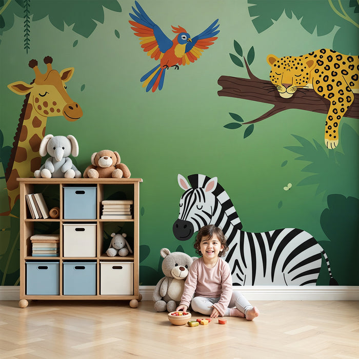 Carta da parati per camera bambini | Animali della giungla con giraffa, zebra e leopardo