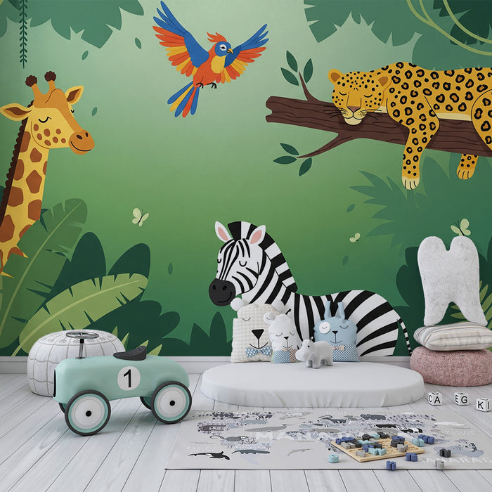 Carta da parati per camera bambini | Animali della giungla con giraffa, zebra e leopardo