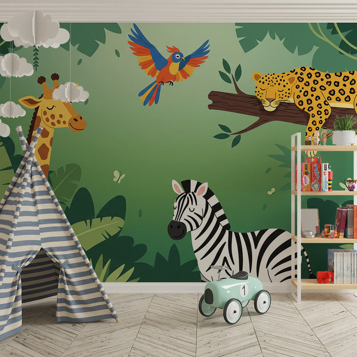 Carta da parati per camera bambini | Animali della giungla con giraffa, zebra e leopardo