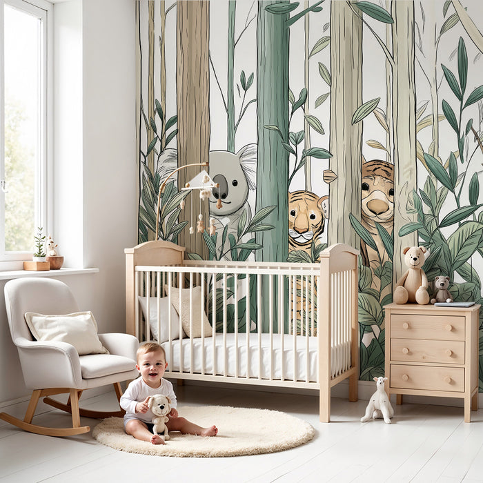 Tapet barnerom | Jungeldyr med koala og tiger gjemt blant trærne