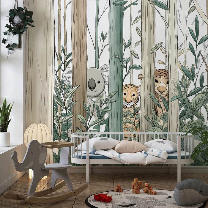 Tapet barnerom | Jungeldyr med koala og tiger gjemt blant trærne