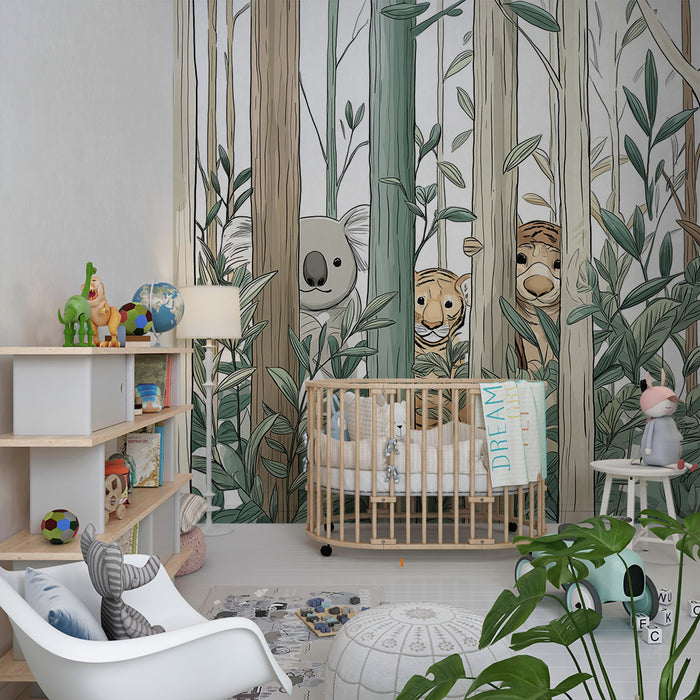 Tapet barnerom | Jungeldyr med koala og tiger gjemt blant trærne