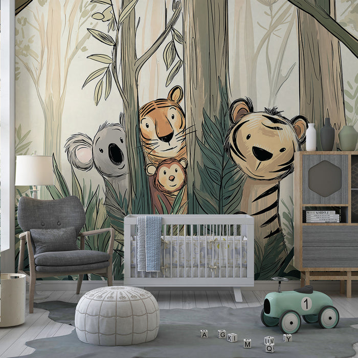 Χαρτί τοίχου παιδικού δωματίου | Ζωάκια της ζούγκλας με κοάλα, τίγρη και μικρό λιονταράκι