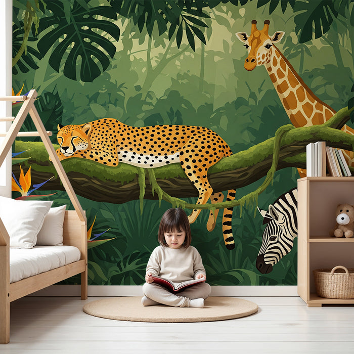 Børnetapet | Jungledyr med leopard, giraf og zebra