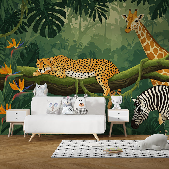 Børnetapet | Jungledyr med leopard, giraf og zebra