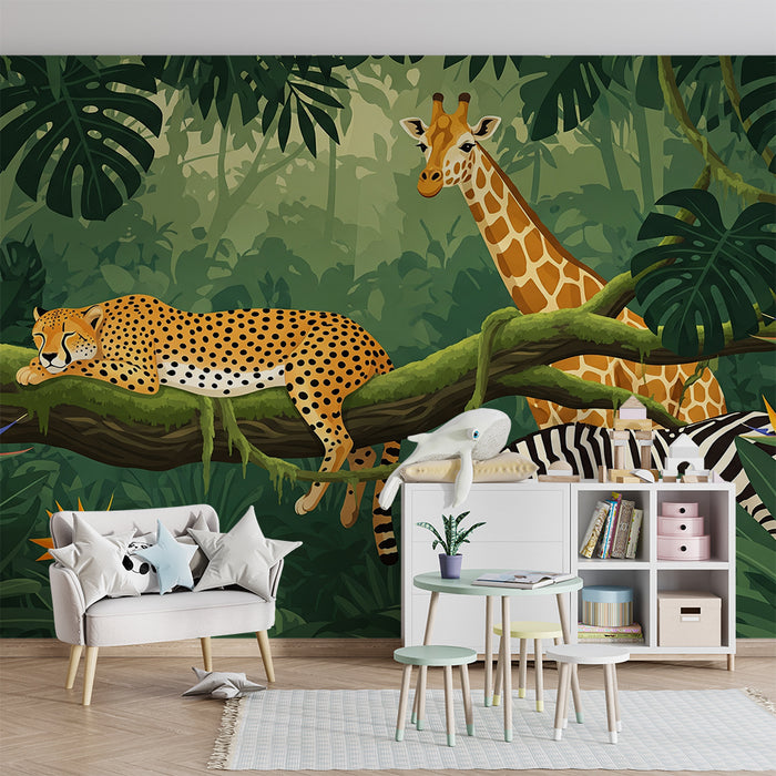 Børnetapet | Jungledyr med leopard, giraf og zebra