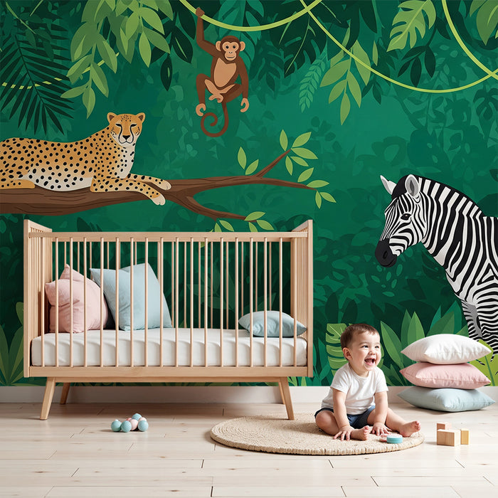 Papier peint chambre enfant | Animaux de la jungle avec léopard, singe et zèbre