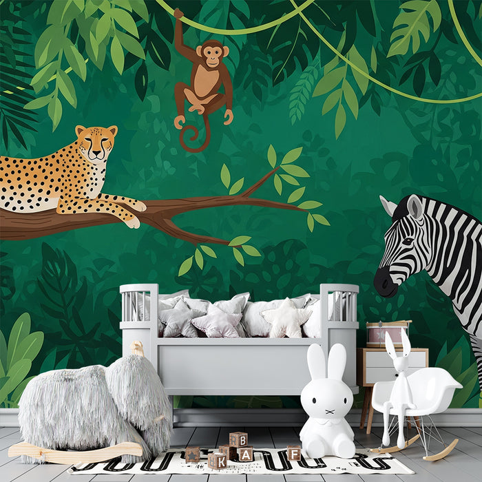 Papier peint chambre enfant | Animaux de la jungle avec léopard, singe et zèbre