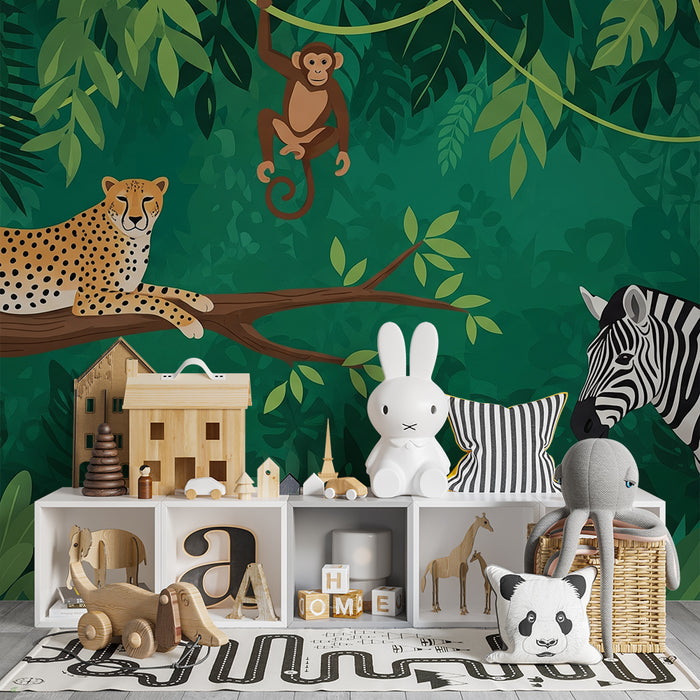 Papier peint chambre enfant | Animaux de la jungle avec léopard, singe et zèbre