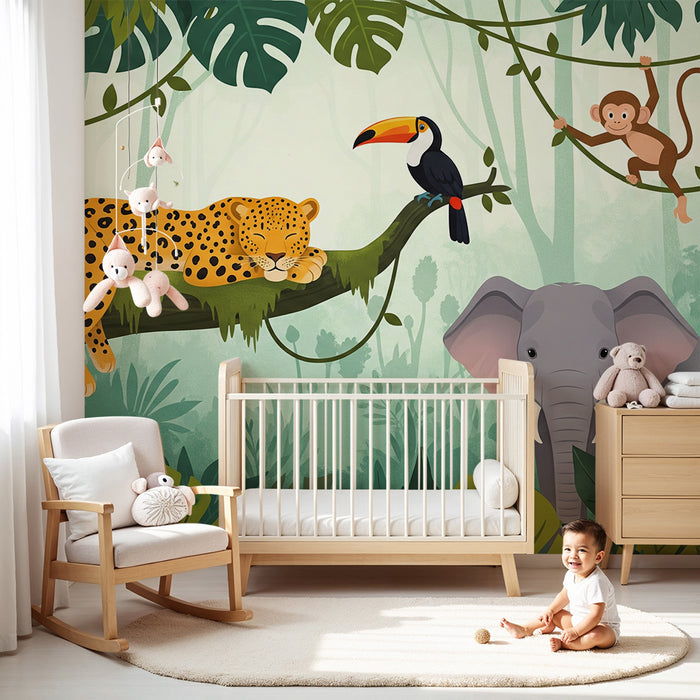 Papier peint chambre enfant | Animaux de la jungle avec léopard, toucans et éléphant