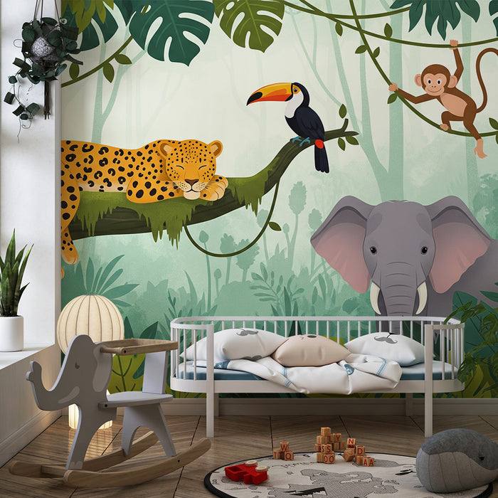 Papier peint chambre enfant | Animaux de la jungle avec léopard, toucans et éléphant