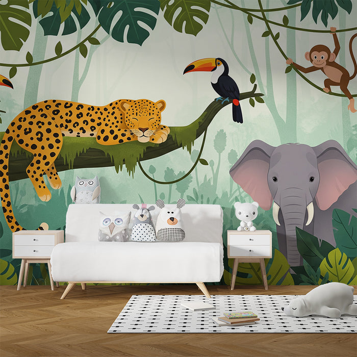 Papier peint chambre enfant | Animaux de la jungle avec léopard, toucans et éléphant