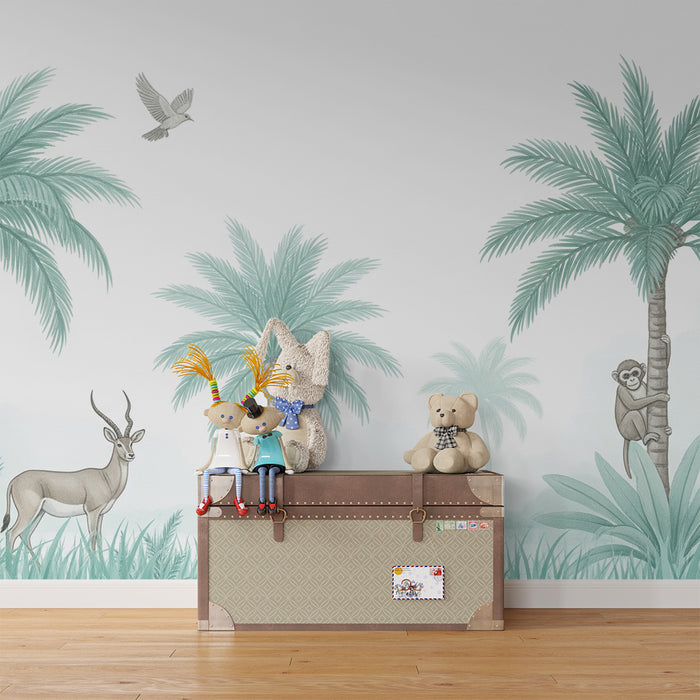 Papel pintado infantil | Animales de la jungla con palmeras y follaje relajante