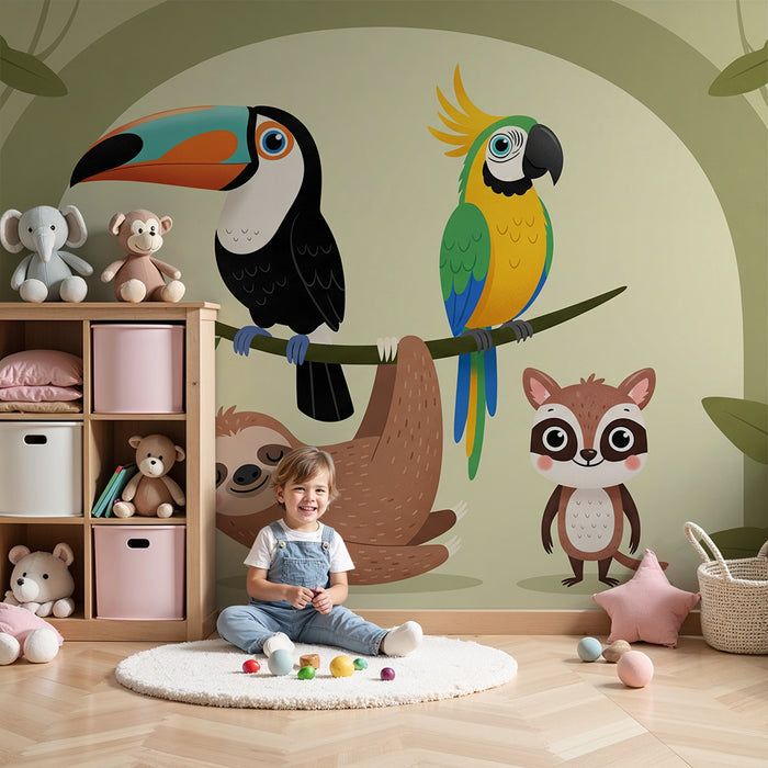 Children's bedroom wallpaper | Jungle animals with sloth, parrot, and toucan