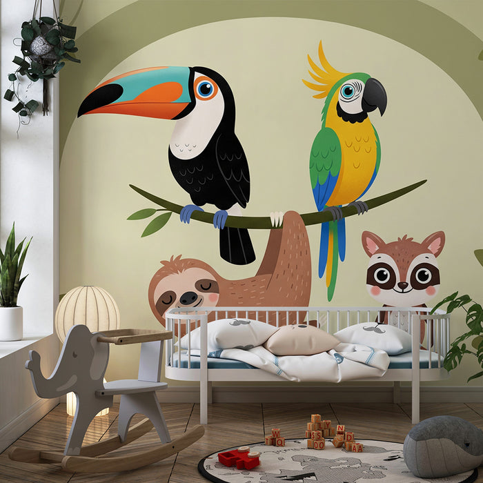 Children's bedroom wallpaper | Jungle animals with sloth, parrot, and toucan