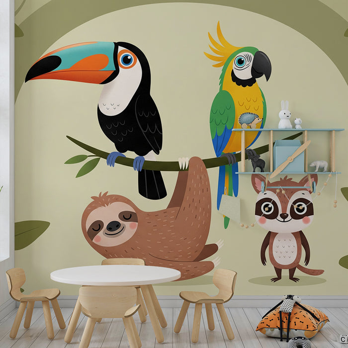 Children's bedroom wallpaper | Jungle animals with sloth, parrot, and toucan