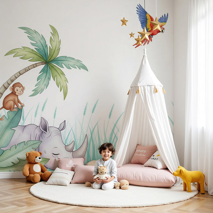Carta da parati bambini | Animali della giungla con rinoceronte, scimmia e pappagallo