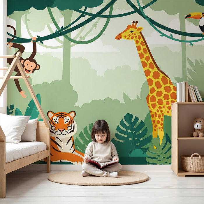 Carta da parati per cameretta bambini | Animali della giungla con scimmia, giraffa e tigre