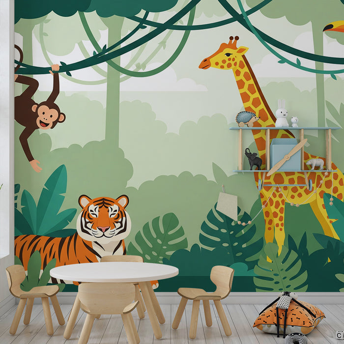 Carta da parati per cameretta bambini | Animali della giungla con scimmia, giraffa e tigre