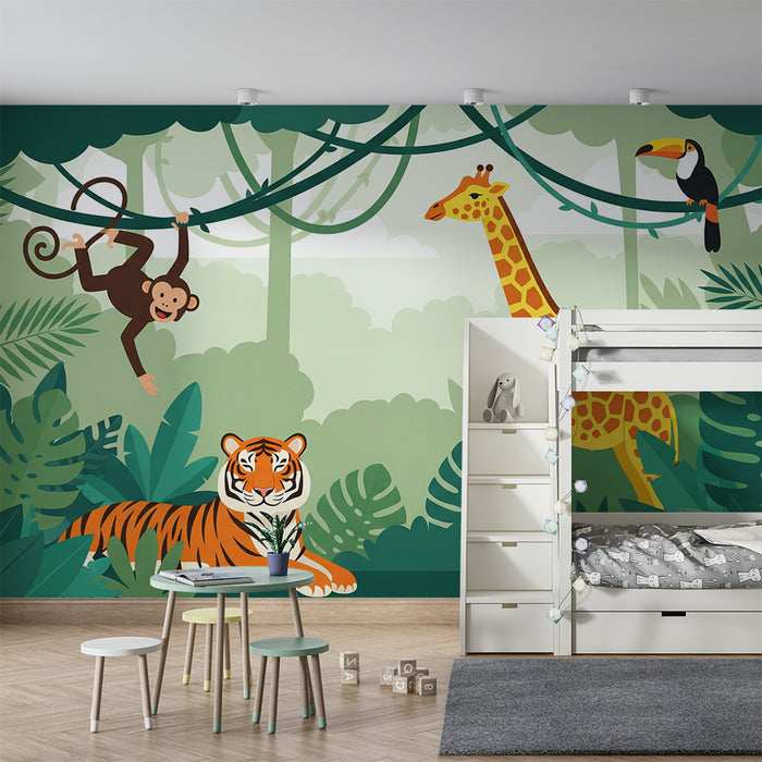 Carta da parati per cameretta bambini | Animali della giungla con scimmia, giraffa e tigre