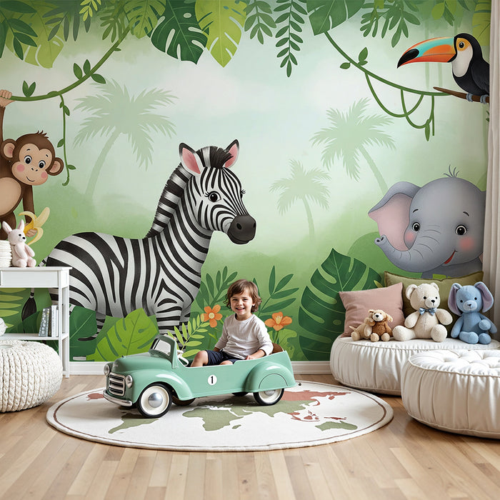 Carta da parati per camera bambini | Animali della giungla con scimmia, zebra ed elefante