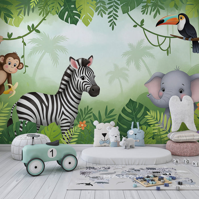 Carta da parati per camera bambini | Animali della giungla con scimmia, zebra ed elefante