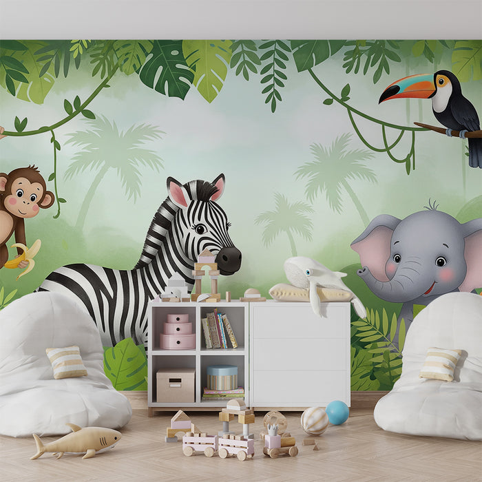 Carta da parati per camera bambini | Animali della giungla con scimmia, zebra ed elefante
