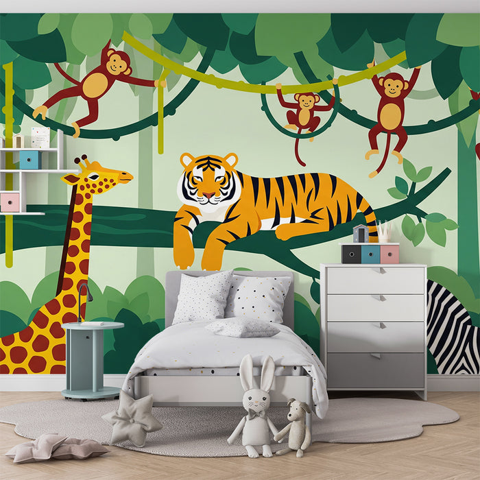 Gyermekszoba tapéta | Dzsungel állatai tigrissel, zsiráfokkal és pajkos majmokkal